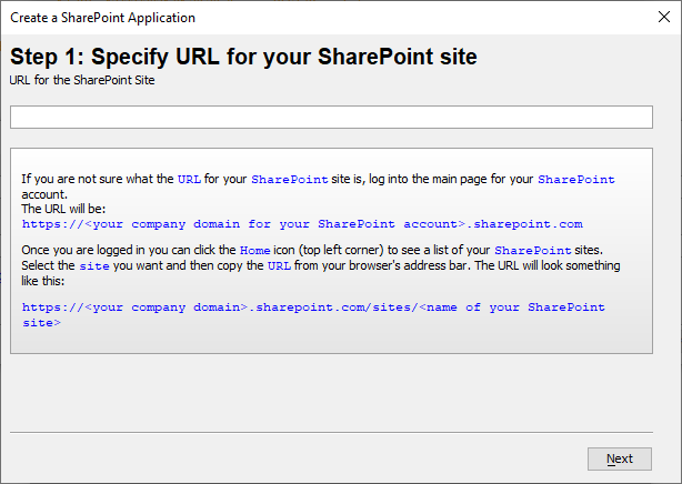 Step 1 - Specify URL for your SharePoint site